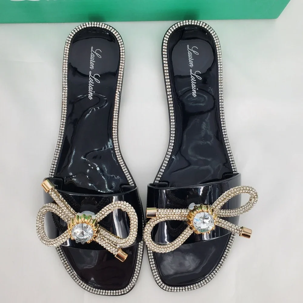 Lauren‎ Lorraine Breeze Black Jelly Slide Sandals Rhinestone Bow Womens 7.5 New